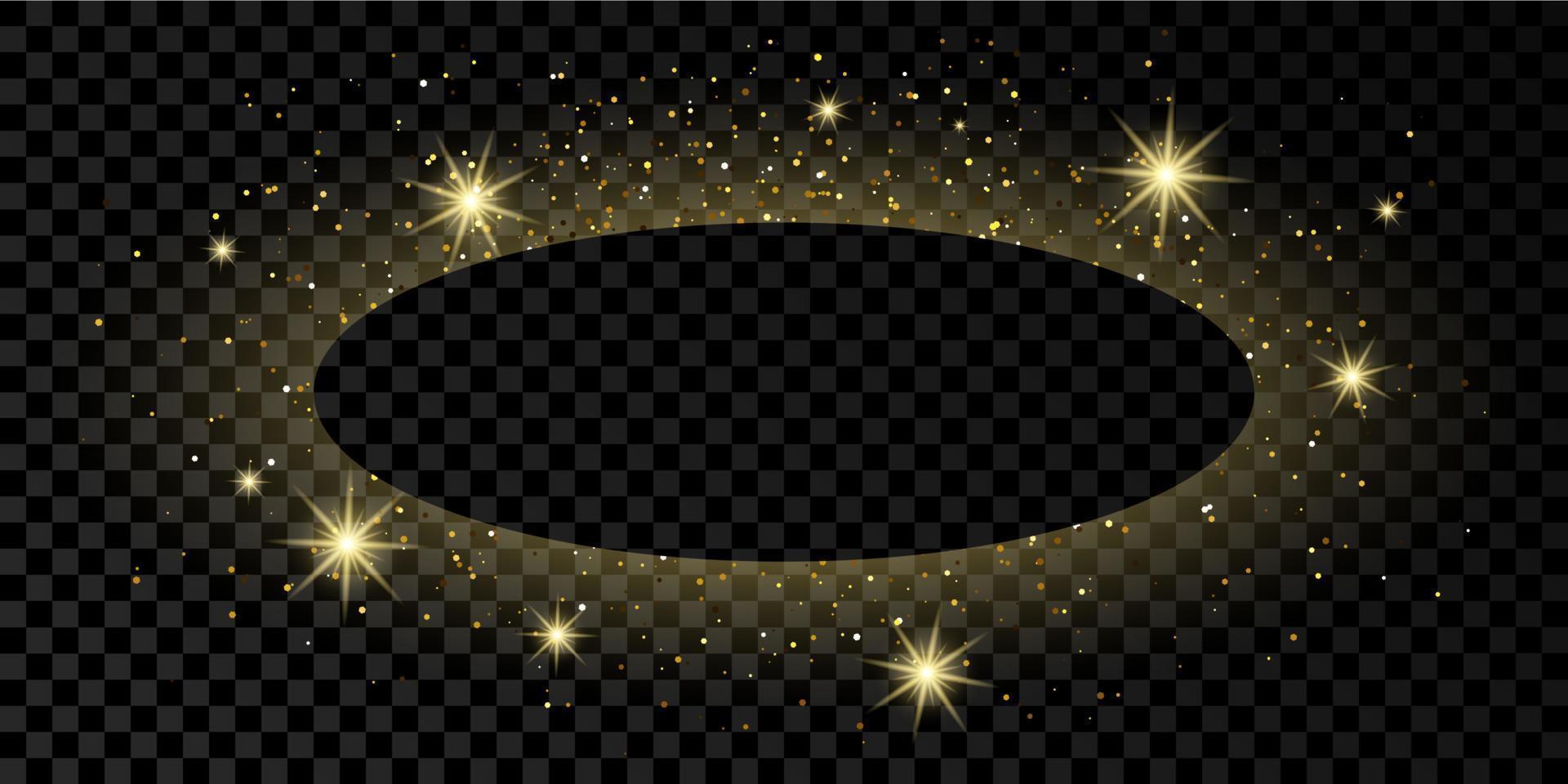 Golden oval frame with glitter, sparkles and flares on dark transparent background. Empty luxury backdrop. Vector illustration.
