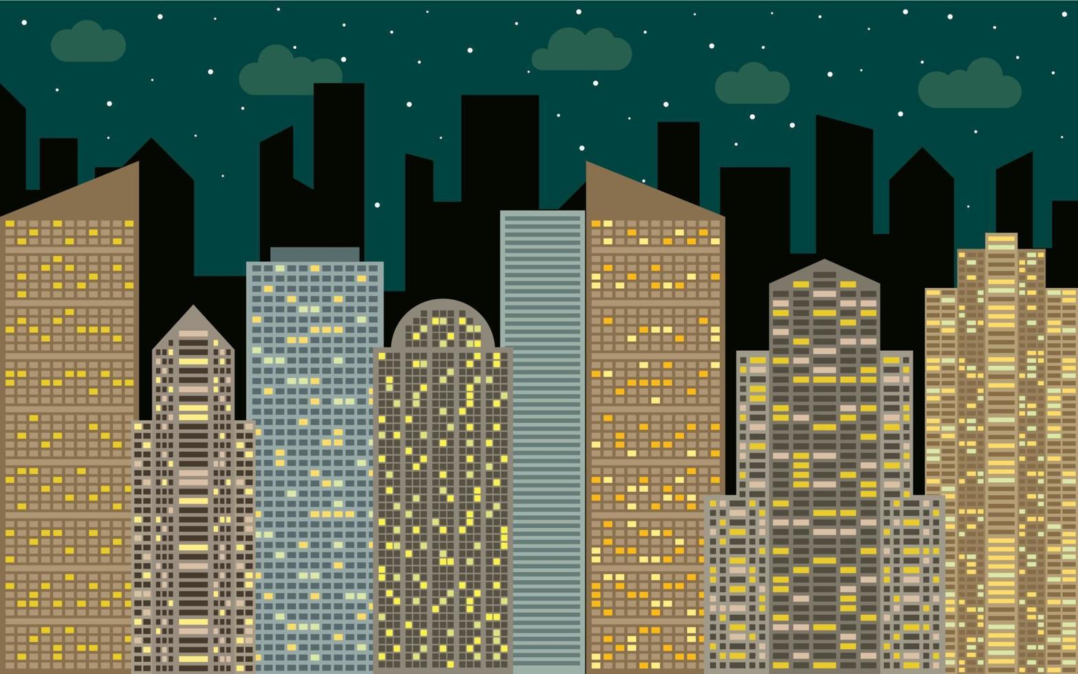 Night urban landscape. Street view with cityscape, skyscrapers and modern buildings at sunny day. City space in flat style background concept. vector