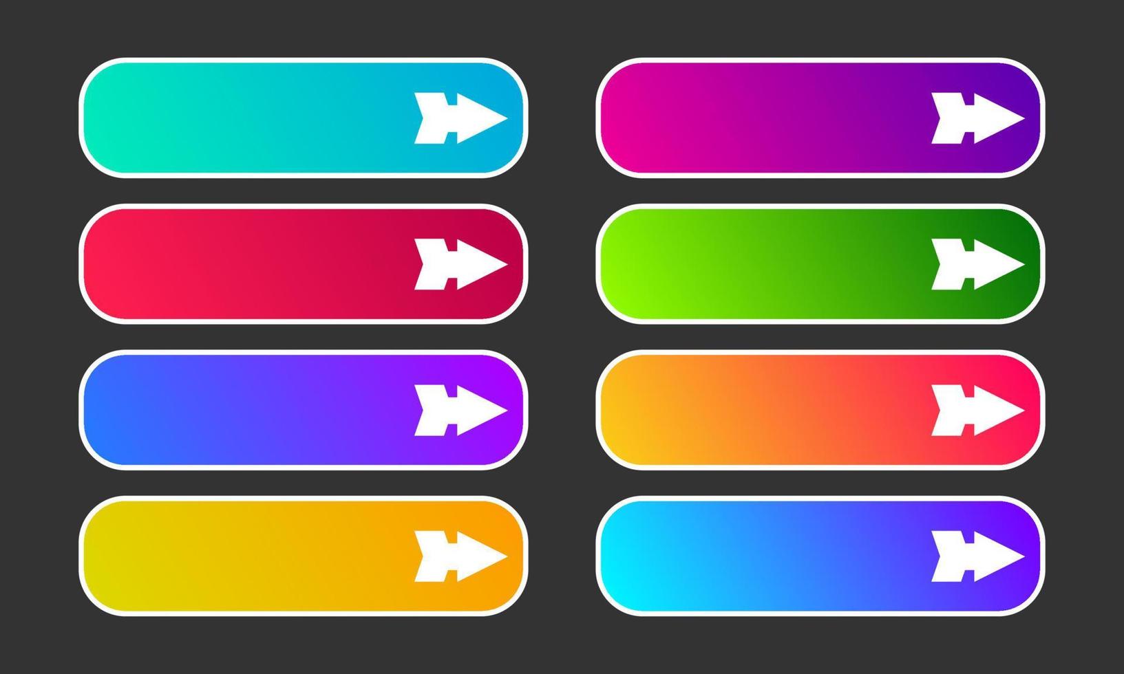 Colorful gradient buttons with arrows. Set of eight modern abstract web buttons. Vector illustration