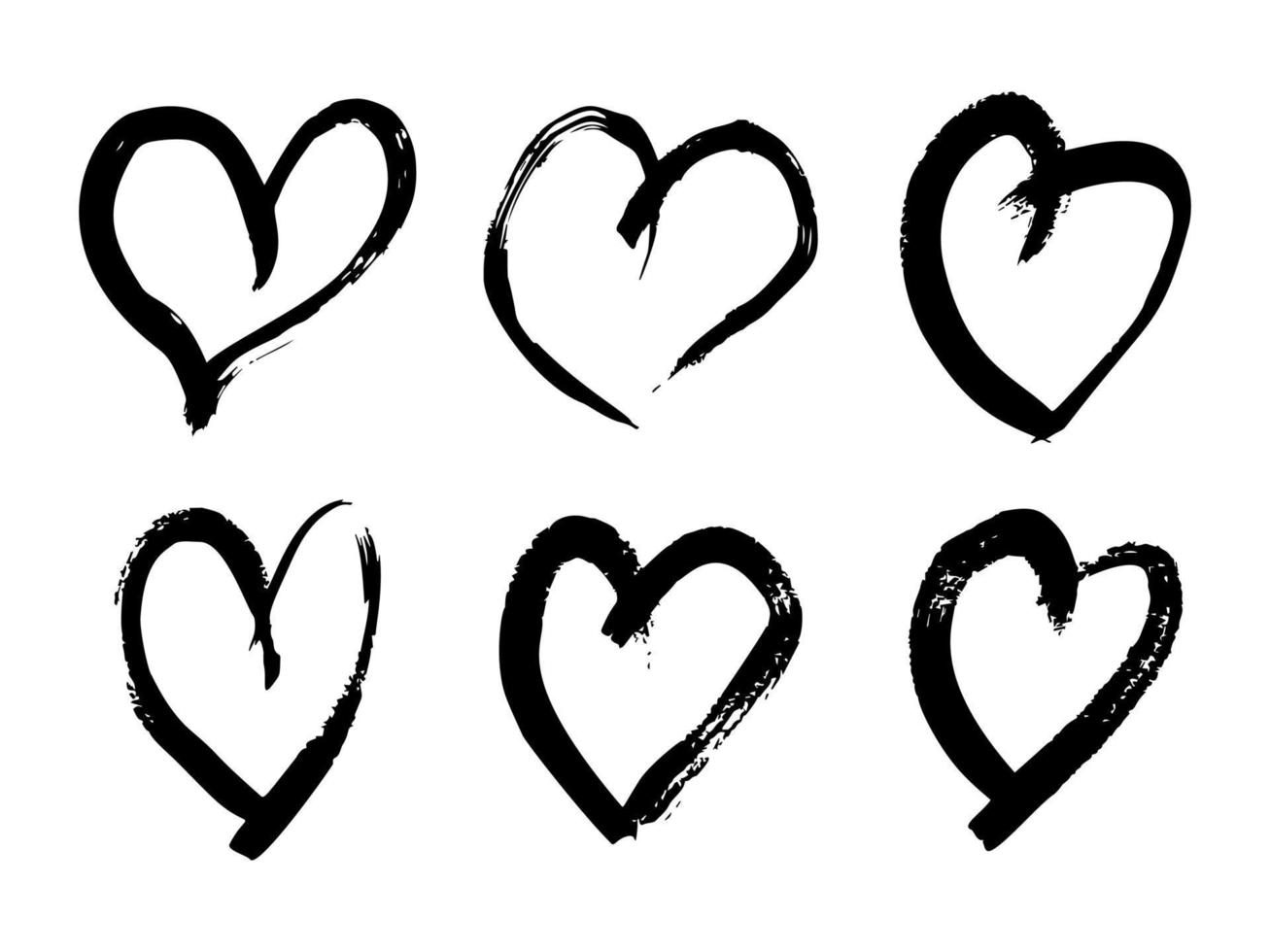 Hand drawn brush hearts. Set of six grunge black doodle hearts on white background. Romantic love symbol. Vector illustration.