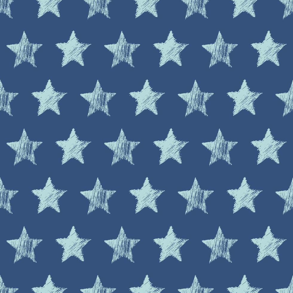 Seamless Pattern with hand drawn blue Stars on blue background. Abstract grunge texture. Vector illustration