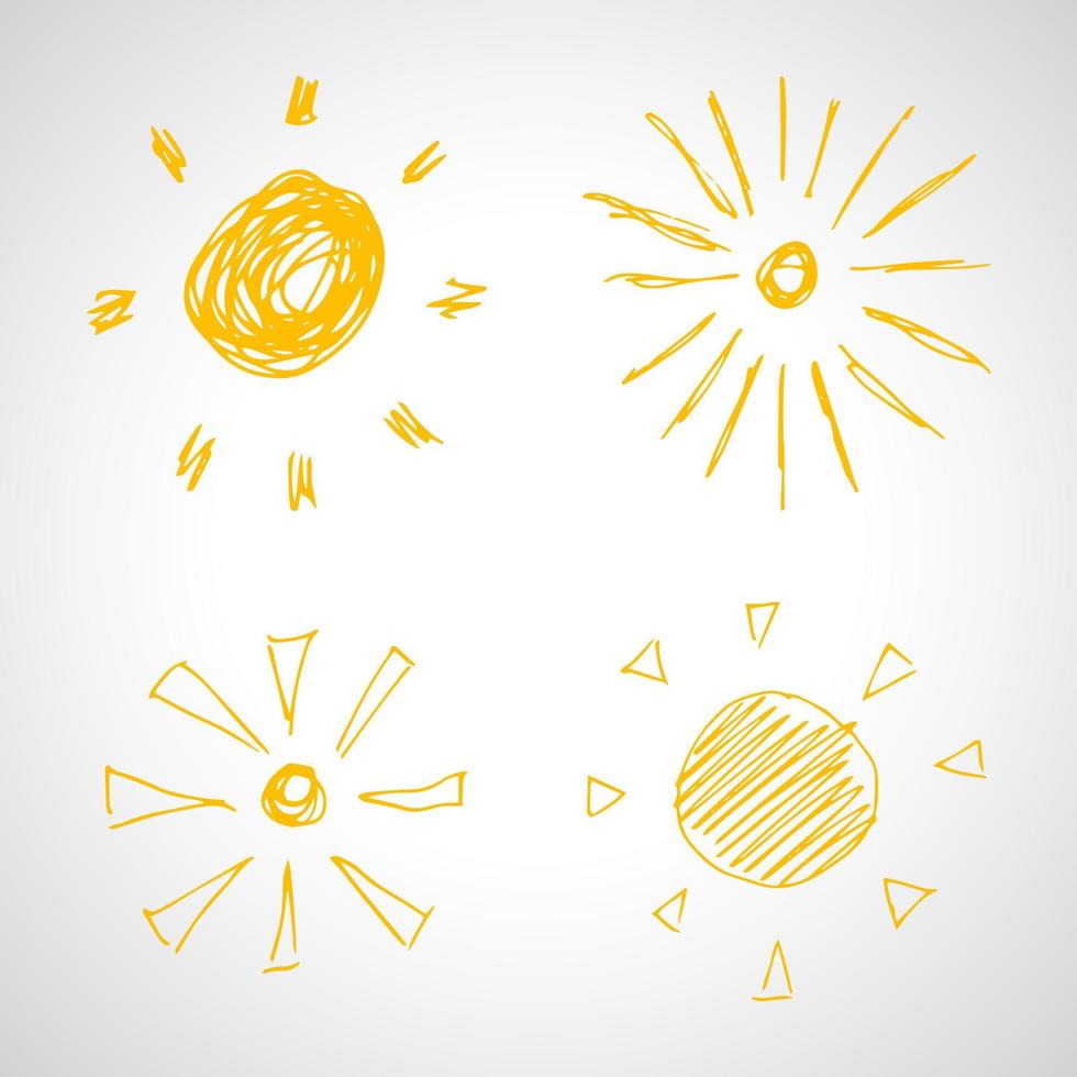 Hand drawn suns. Set of four simple sketch suns. Solar symbol. Yellow  doodle isolated on white background. Vector illustration.