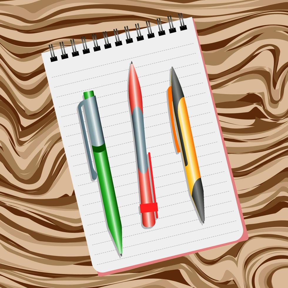 Notebook, green pen, red pen and yellow pen on a wooden table vector