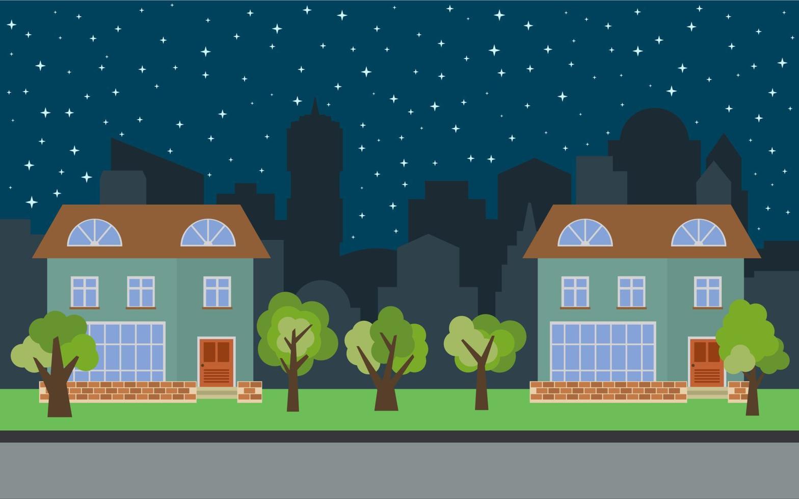 Vector city with two two-story cartoon houses and green trees at night. Summer urban landscape. Street view with cityscape on a background