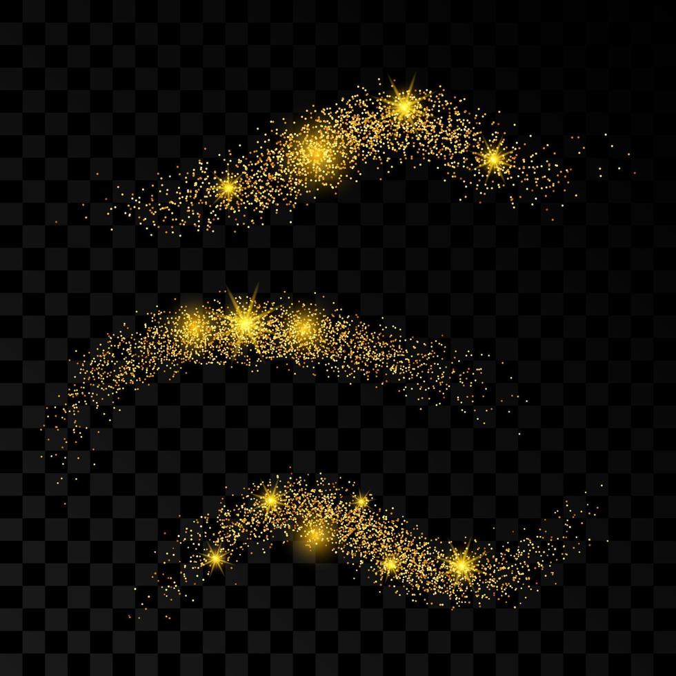 Light wave with gold glitter effect on a dark transparent background. Set of three abstract swirl lines. Vector illustration