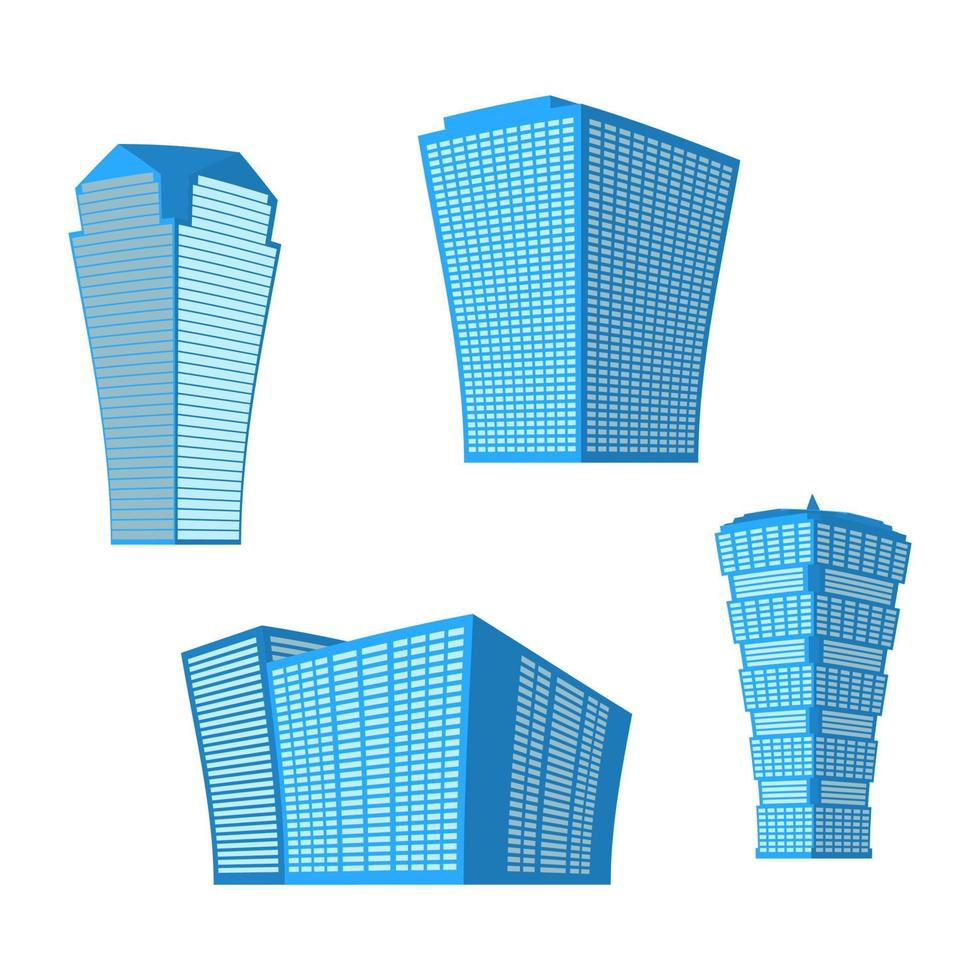 Set of four modern high-rise building on a white background. View of the building from the bottom. Isometric vector illustration.