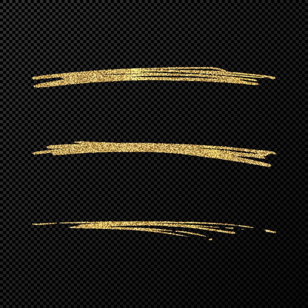 Abstract shiny confetti glittering waves. Set of three hand drawn brush golden strokes on black transparent background. Vector illustration