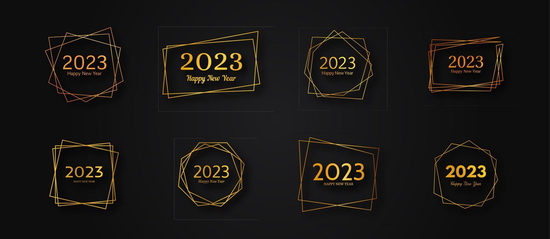 Set of 2023 Happy New Year gold geometric polygonal backgrounds. Gold geometric polygonal frame with shining effects for Christmas holiday greeting card, flyers or posters. Vector illustration