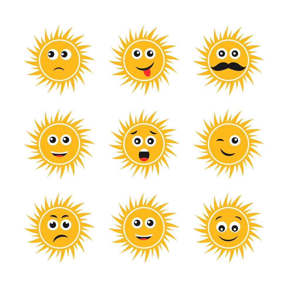 Set of suns with smiles. Nine yellow suns with different smiley. Vector illustration