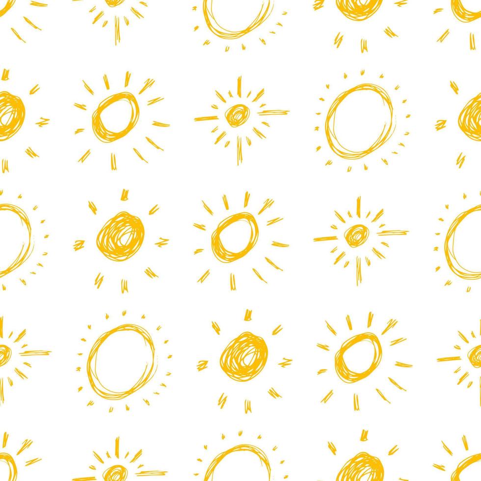 Hand drawn sun. Seamless pattern of simple sketch sun's. Solar symbol. Yellow doodle isolated on white background. Vector illustration.