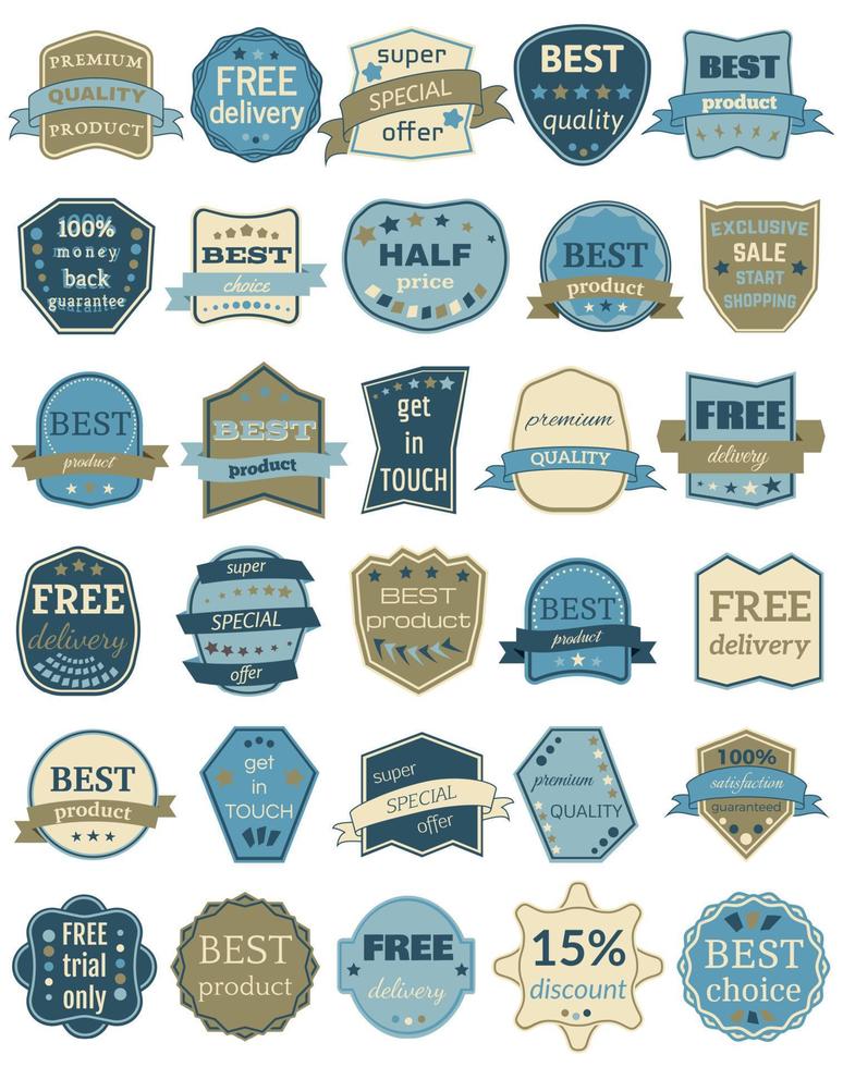 Set of Thirty Vector Badges with Ribbons. Web stickers and labels. Isolated vector illustration.