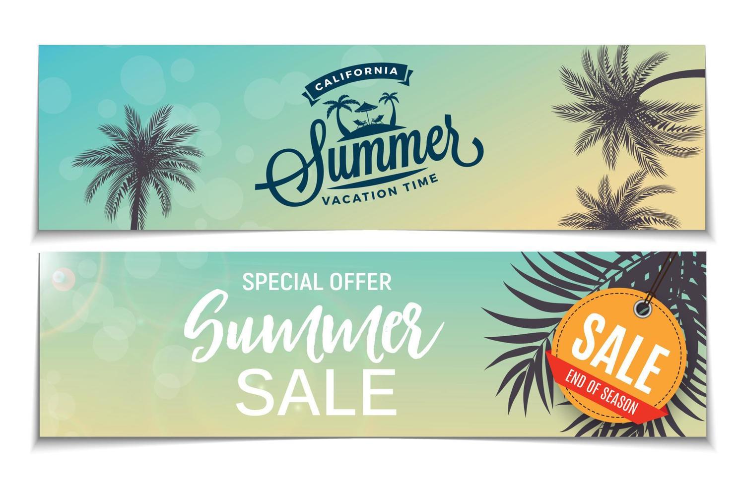 ilustración de vector de banner de venta de verano. ilustración plana de playa de verano con palmeras