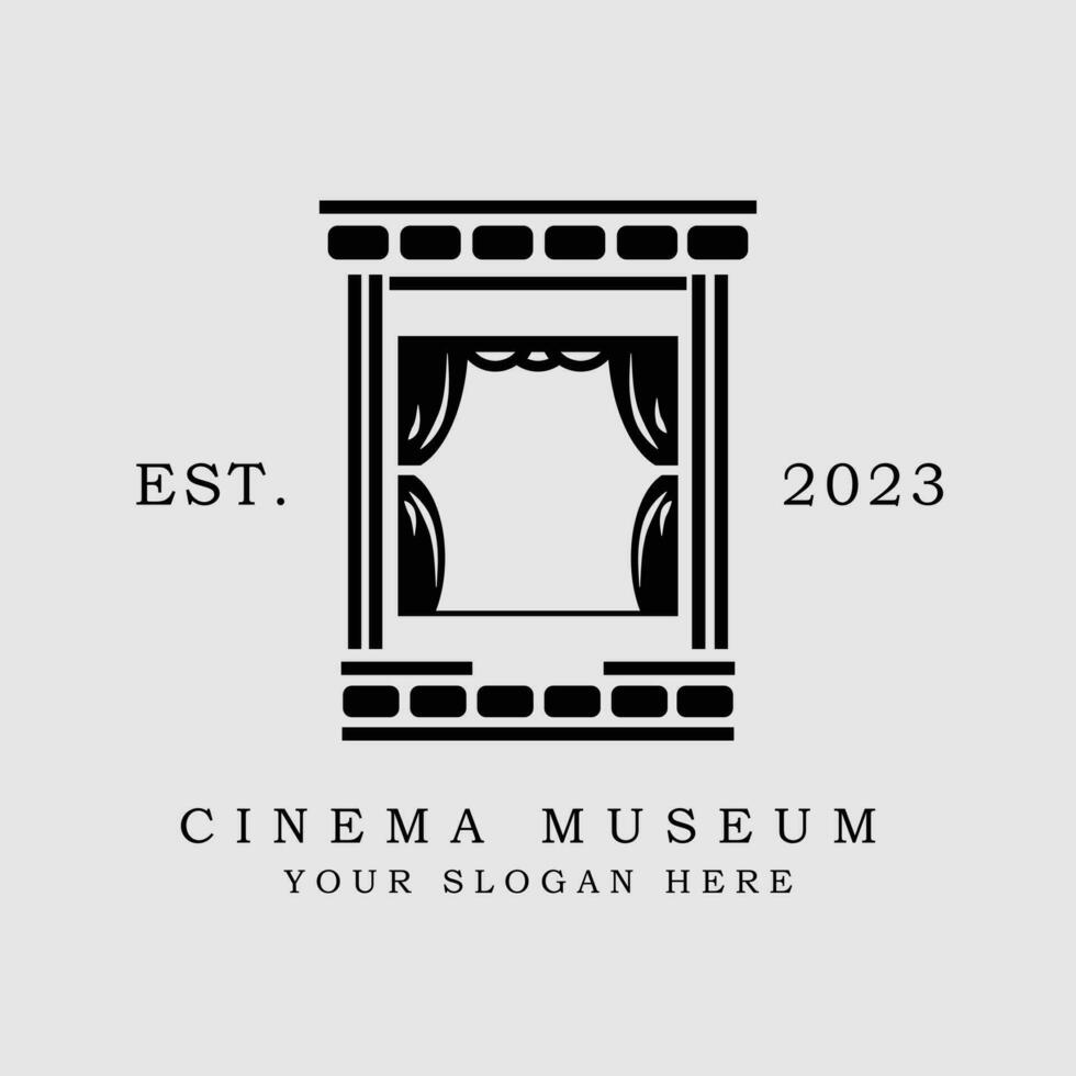 logotipo del museo de cine creativo. diseño de logotipo vintage minimalista. fondo gris aislado vector