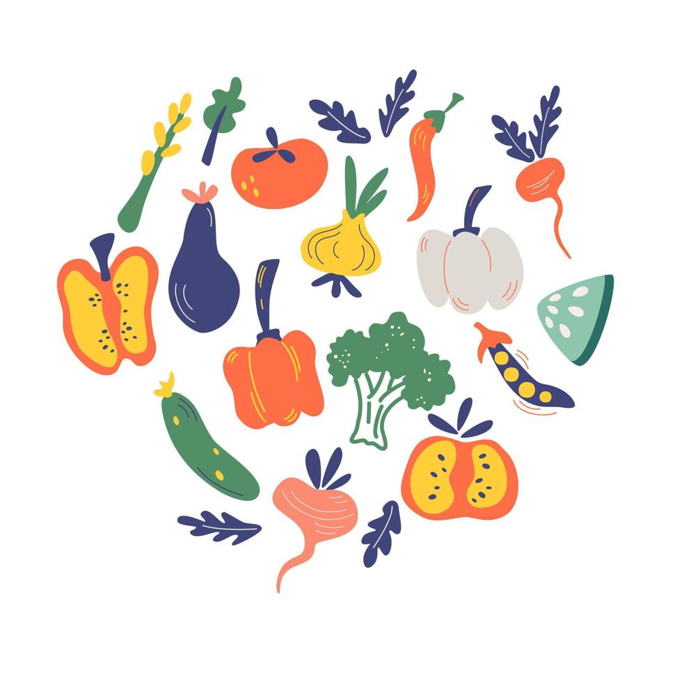 conjunto de ilustraciones dibujadas a mano de verduras. cosecha orgánica en forma de círculo. tomate ecológico, pimiento, brócoli, rábano, guisantes sobre fondo blanco. cultivo de jardín biológico. ilustración de productos agrícolas vector