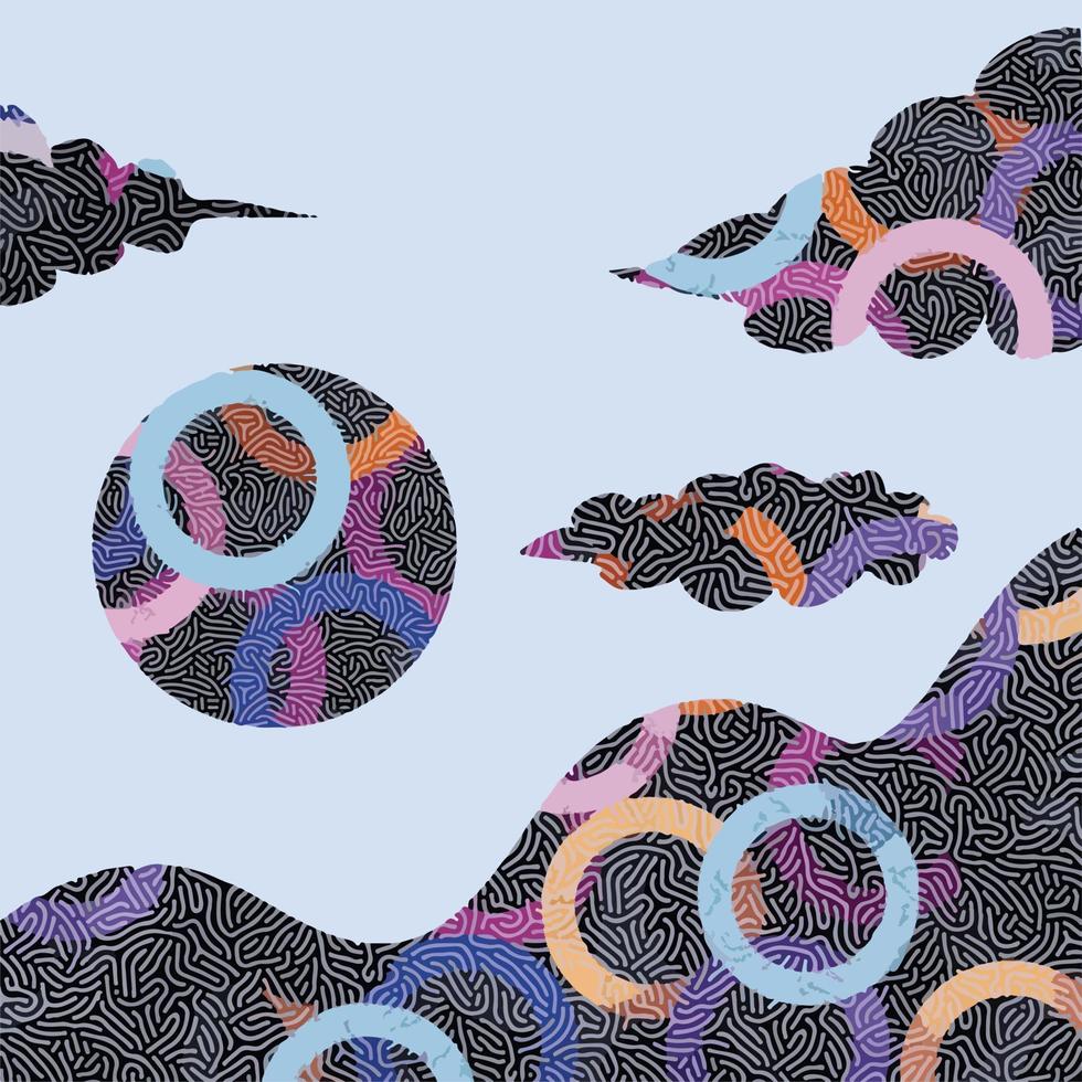 formas abstractas negras con textura de decoración de garabatos aisladas en el vector de fondo del cielo azul. nubes simples, sol y forma de montaña para publicaciones en medios sociales, afiches, papel impreso y otros fines.