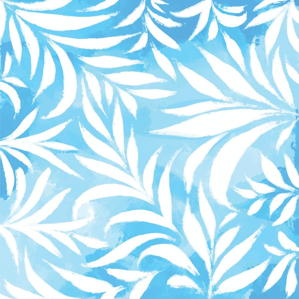 Blue brush textured grunge vector background with white leaves botanical decoration
