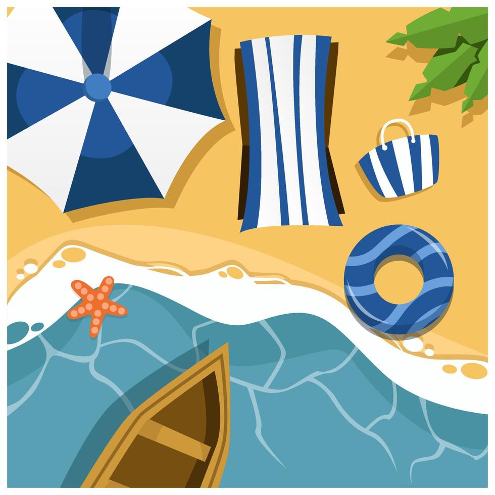 Vector beach with waves, umbrellas, bright towels and blue surfboards