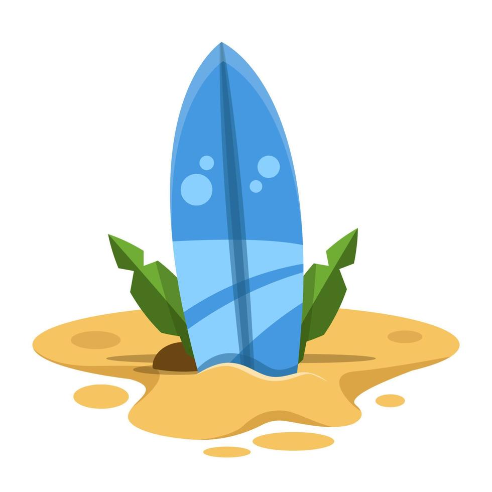 Summer beach vector concept design. Summer beach party text in surfboard element with floaters, leaves and miniature island for tropical holiday decoration. Vector illustration.