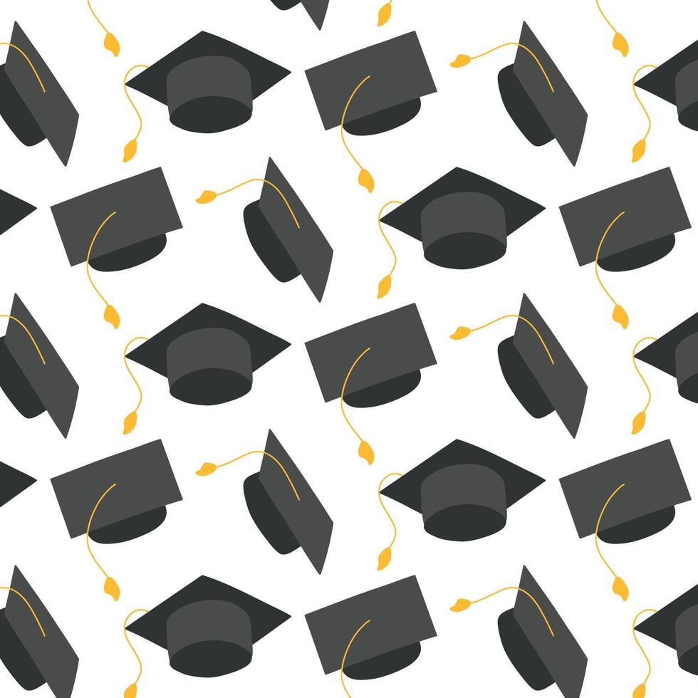 Seamless pattern with graduation caps. End of school. Vector illustration. Flat hand drawn style.