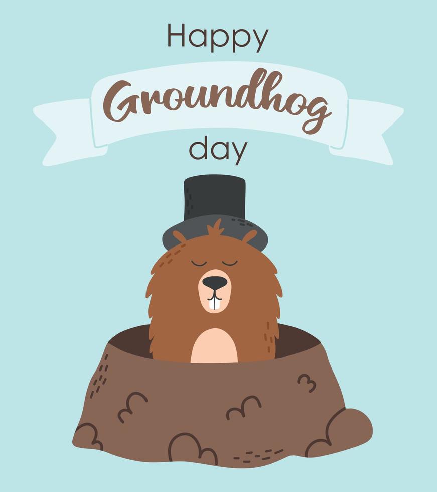 Groundhog Day. Groundhog day card. The groundhog got out of the hole. Vector illustration. Flat hand drawn style.