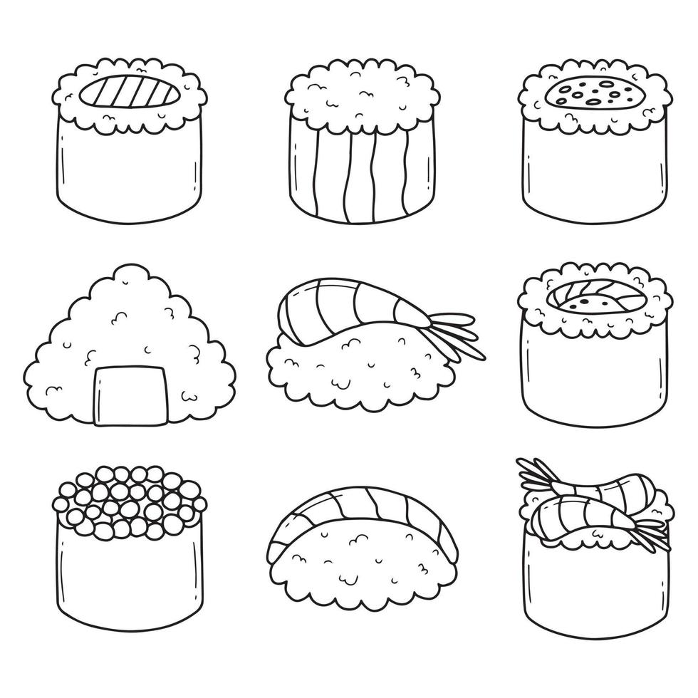 Doodle style sushi set. Cute Japanese sushi. vector illustration. linear. Sushi restaurant logo.