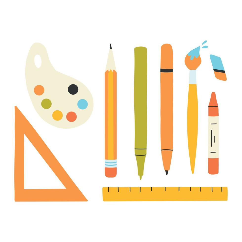 conjunto de artículos escolares. ilustración vectorial estilo plano dibujado a mano. colección de elementos escolares. De vuelta a la escuela. bolígrafo, lápiz, borrador, regla, crayón. vector