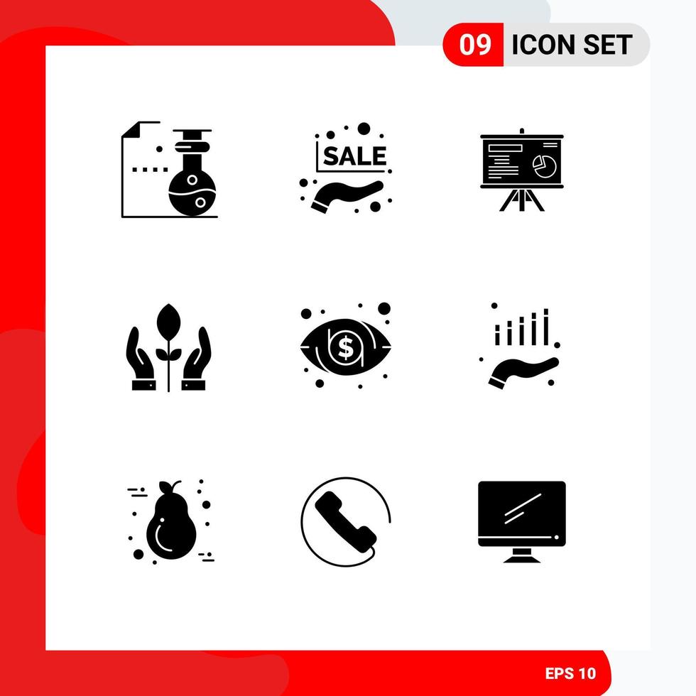 Pack of 9 creative Solid Glyphs of eye energy presentation hand conservation Editable Vector Design Elements