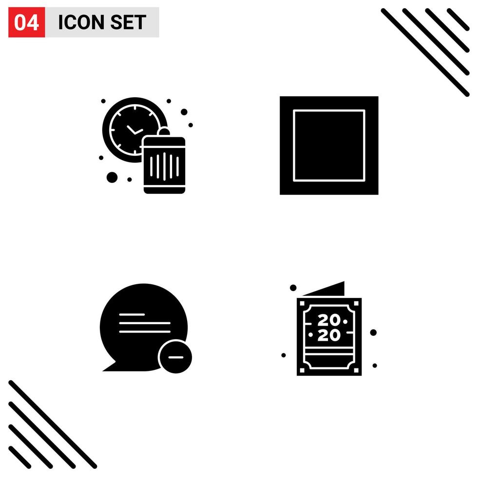 Universal Icon Symbols Group of 4 Modern Solid Glyphs of clock message waste chat invitation Editable Vector Design Elements