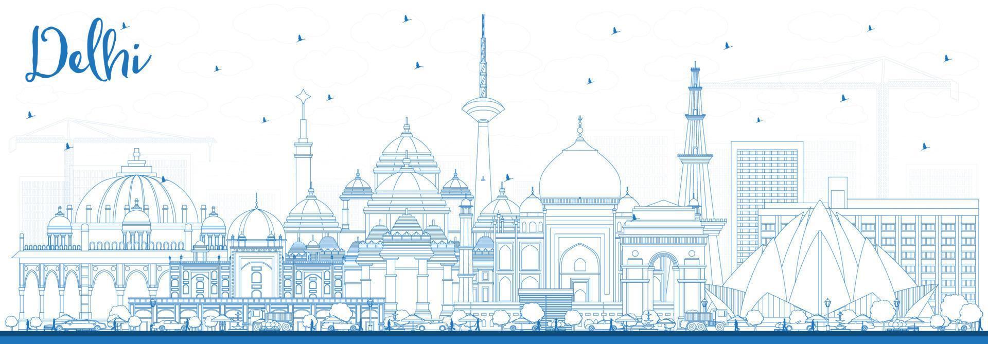 delinear el horizonte de la ciudad de delhi india con edificios azules. vector