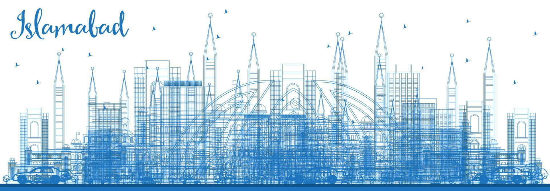 Outline Islamabad Pakistan City Skyline with Blue Buildings. vector