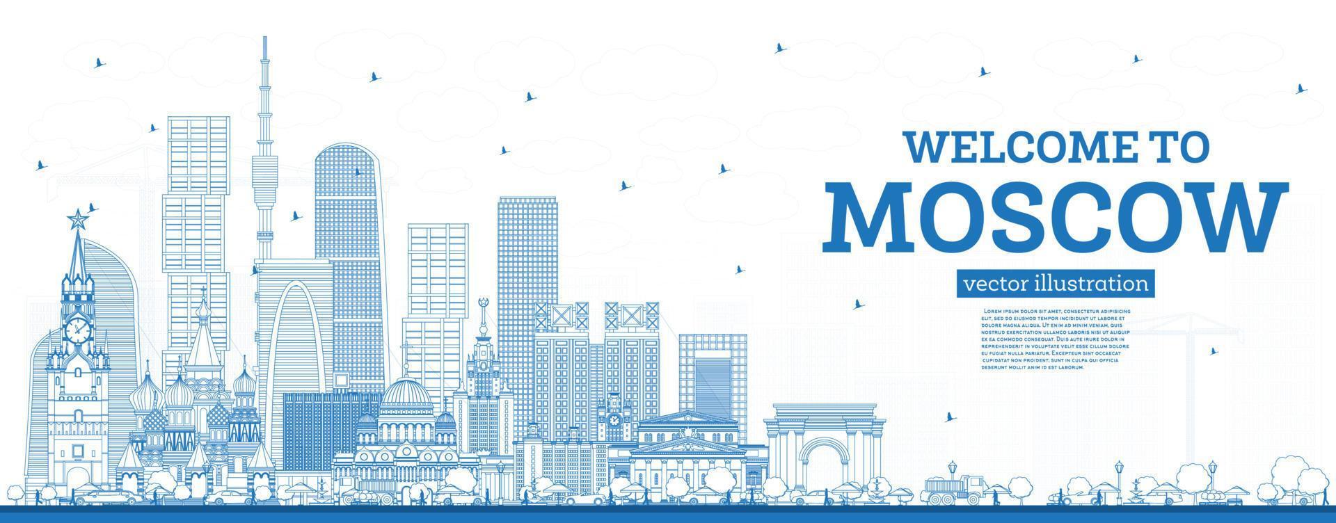 Outline Welcome to Moscow Russia Skyline with Blue Buildings. vector