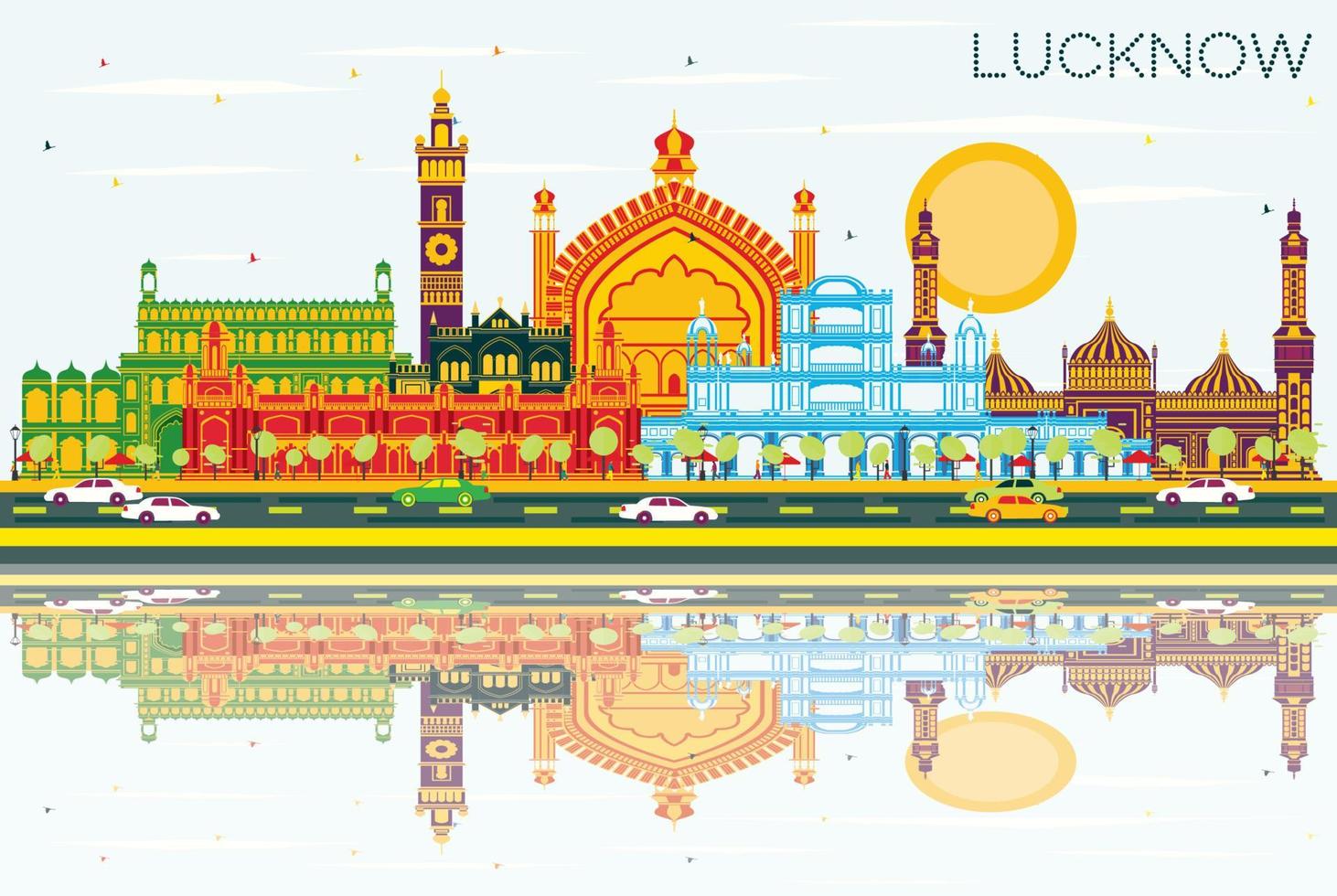 El horizonte de la ciudad de lucknow india con edificios grises, cielo azul y reflejos. vector