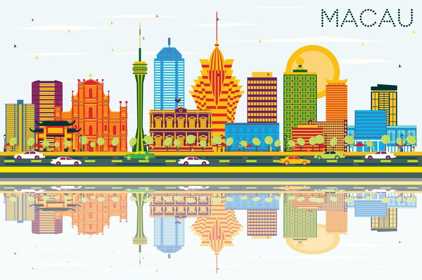 Macau China City Skyline with Color Buildings, Blue Sky and Reflections. vector