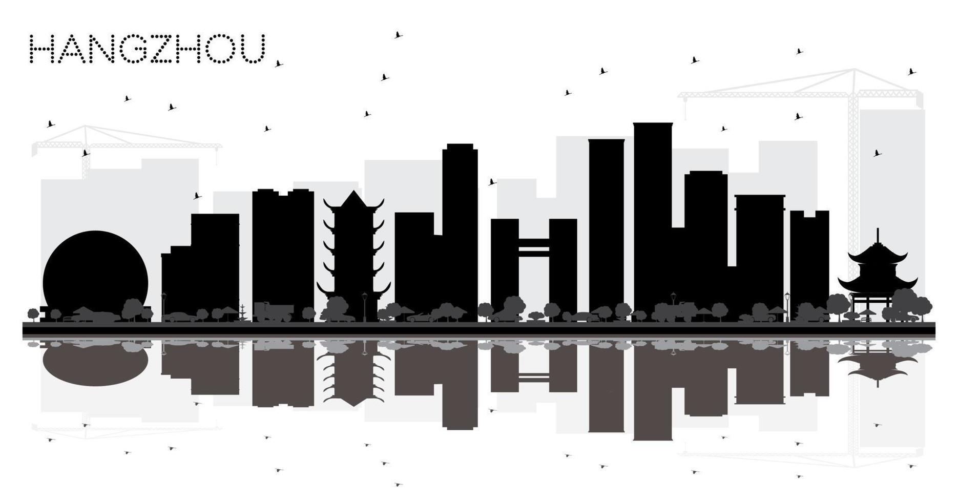 Hangzhou China City skyline black and white silhouette with Reflections. vector