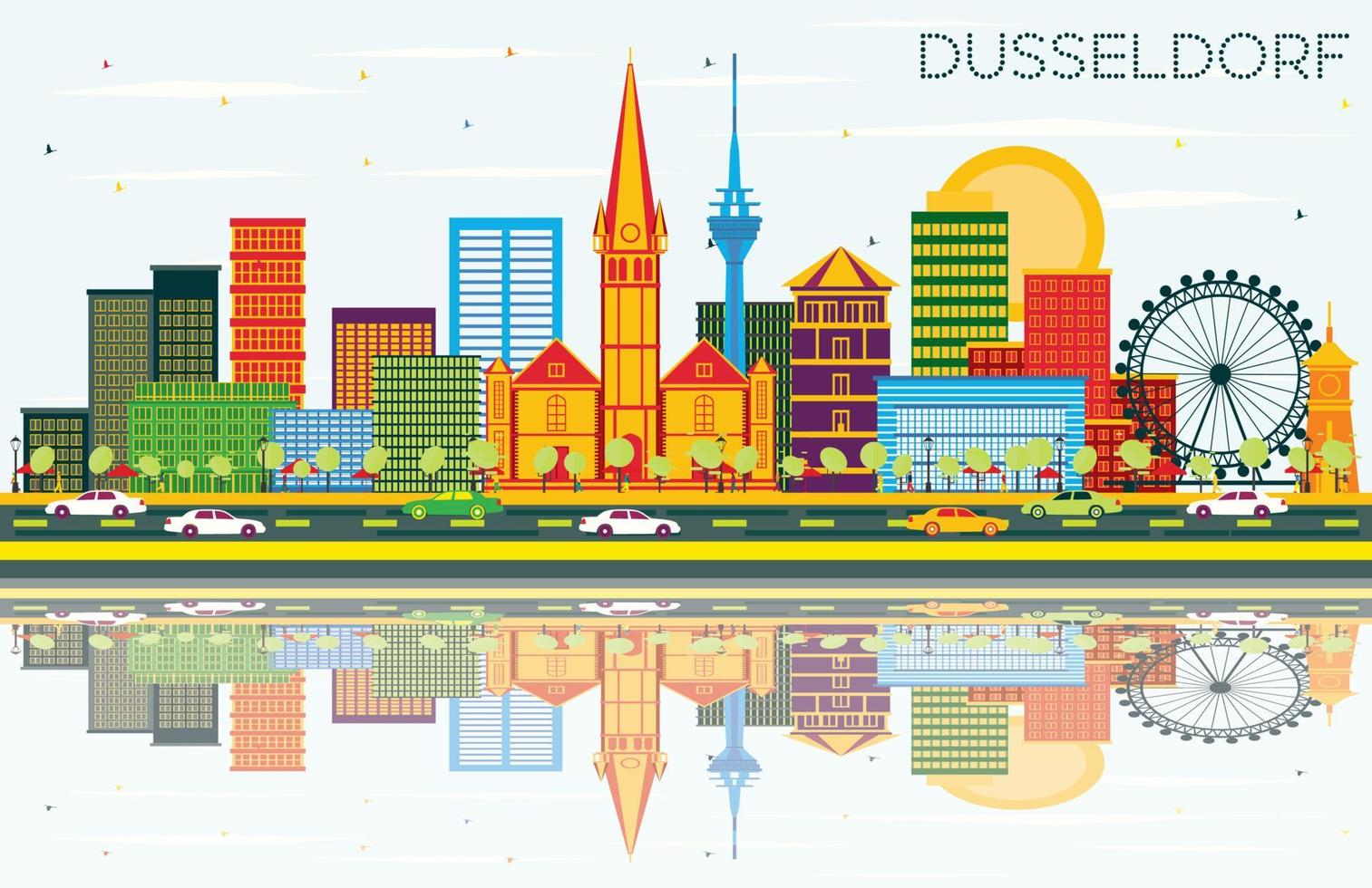 Dusseldorf Skyline with Color Buildings, Blue Sky and Reflections. vector