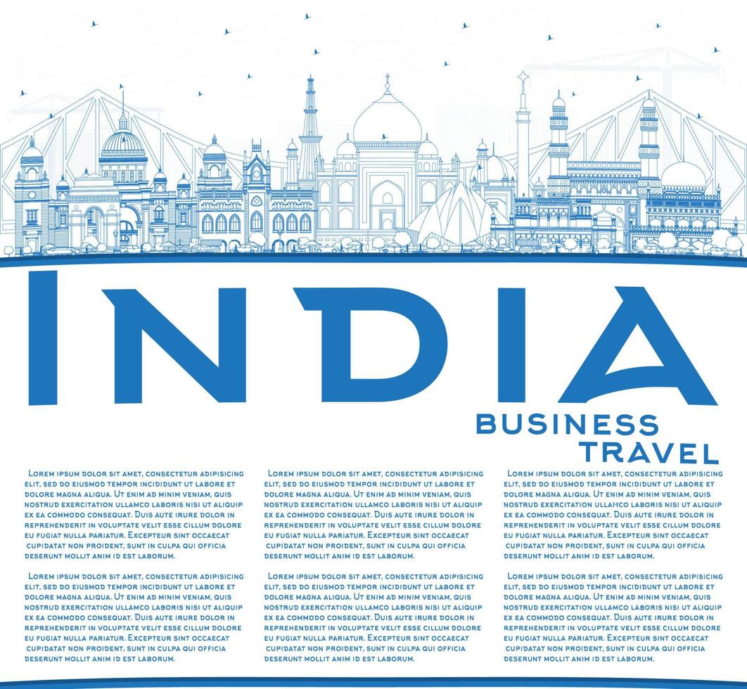 Outline India City Skyline with Blue Buildings and Copy Space. vector