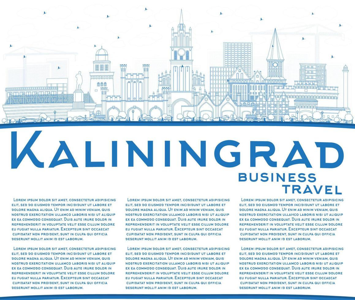 Outline Kaliningrad Russia City Skyline with Blue Buildings and Copy Space. vector