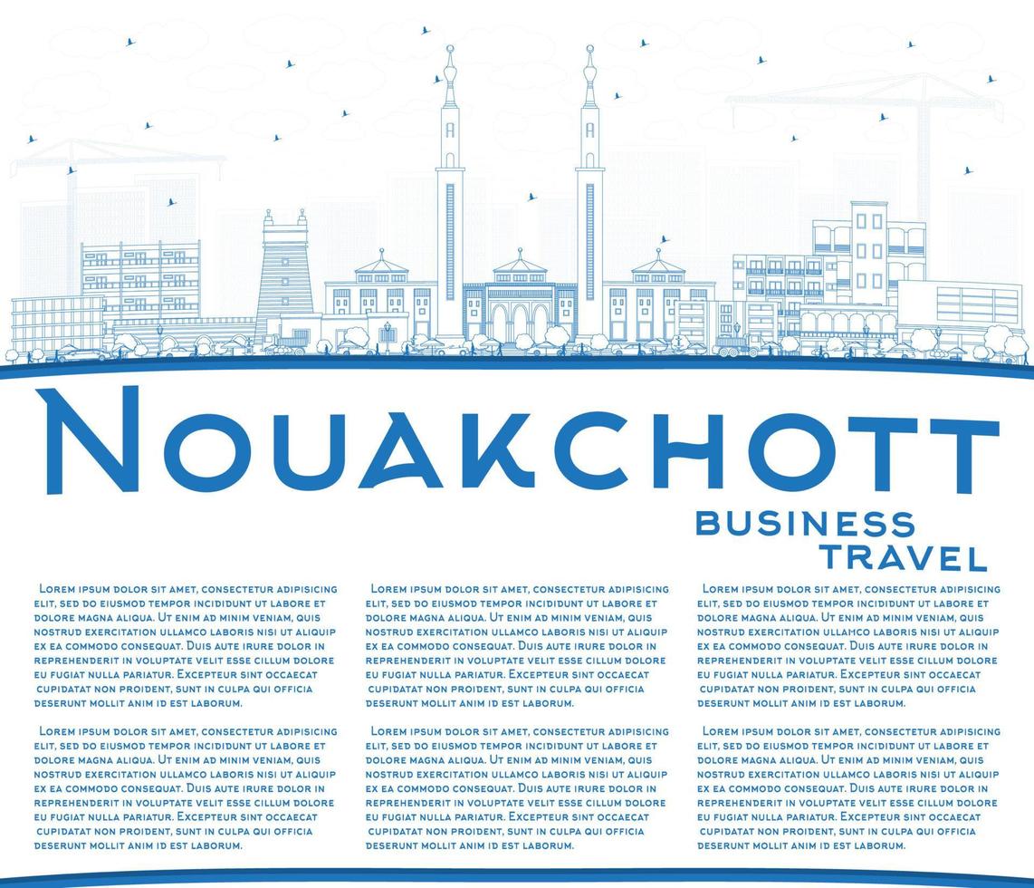 Outline Nouakchott Mauritania City Skyline with Blue Buildings and Copy Space. vector