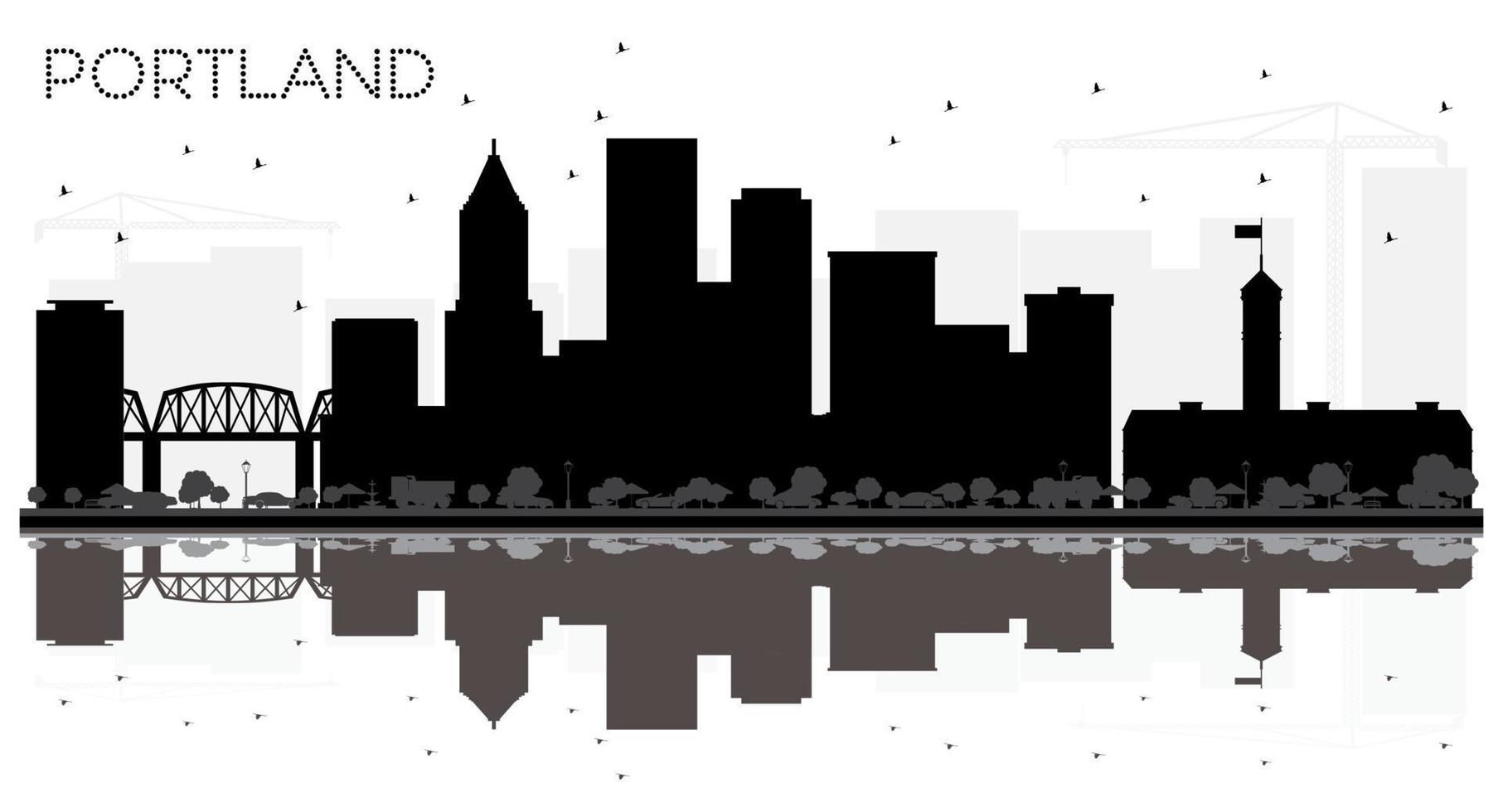 Portland City skyline black and white silhouette with Reflections. vector