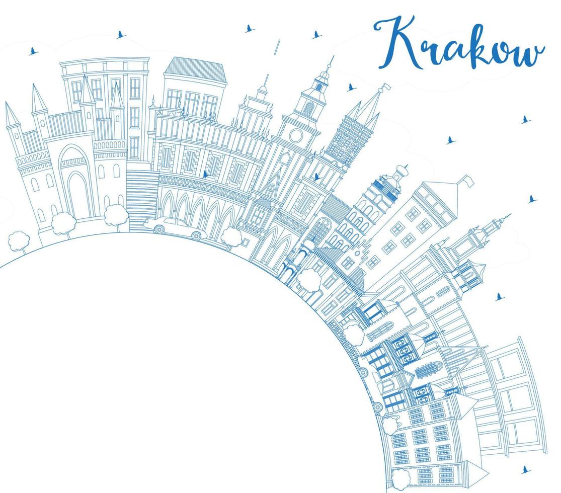 Outline Krakow Poland City Skyline with Blue Buildings and Copy Space. vector