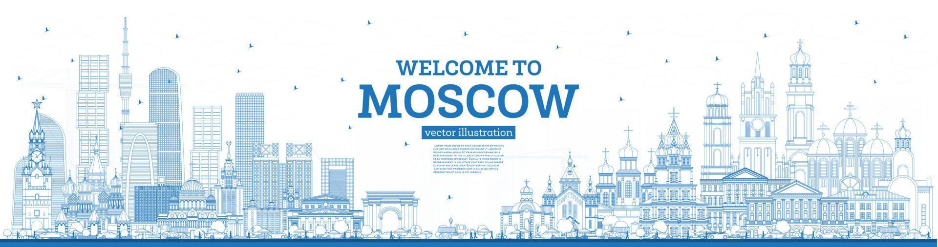 Outline Welcome to Moscow Russia Skyline with Blue Buildings. vector