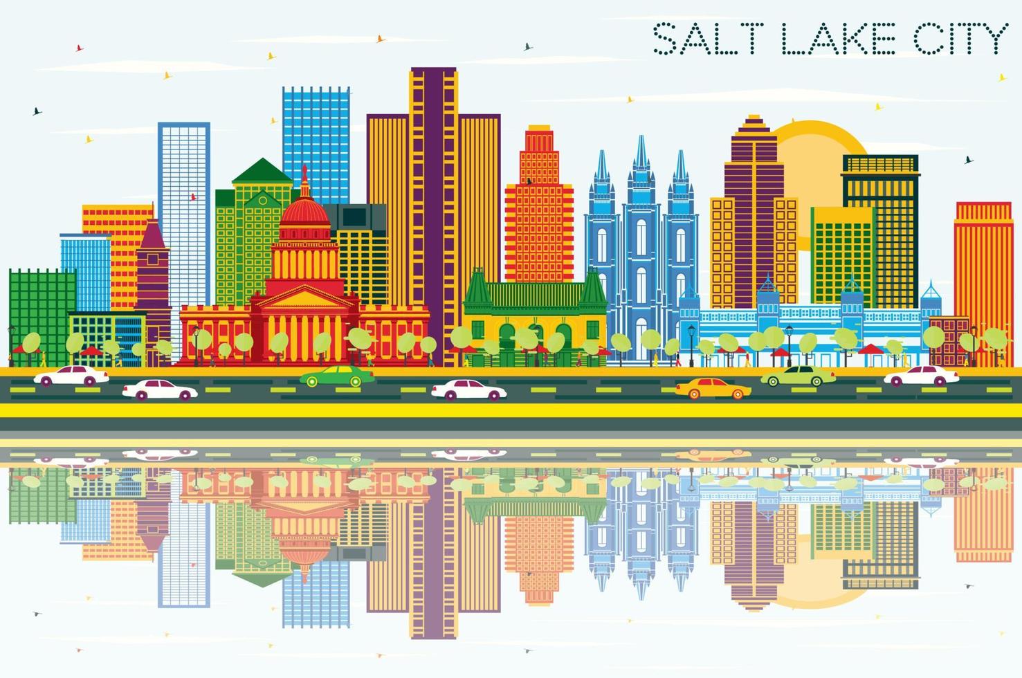 Salt Lake City Utah Skyline with Color Buildings, Blue Sky and Reflections. vector