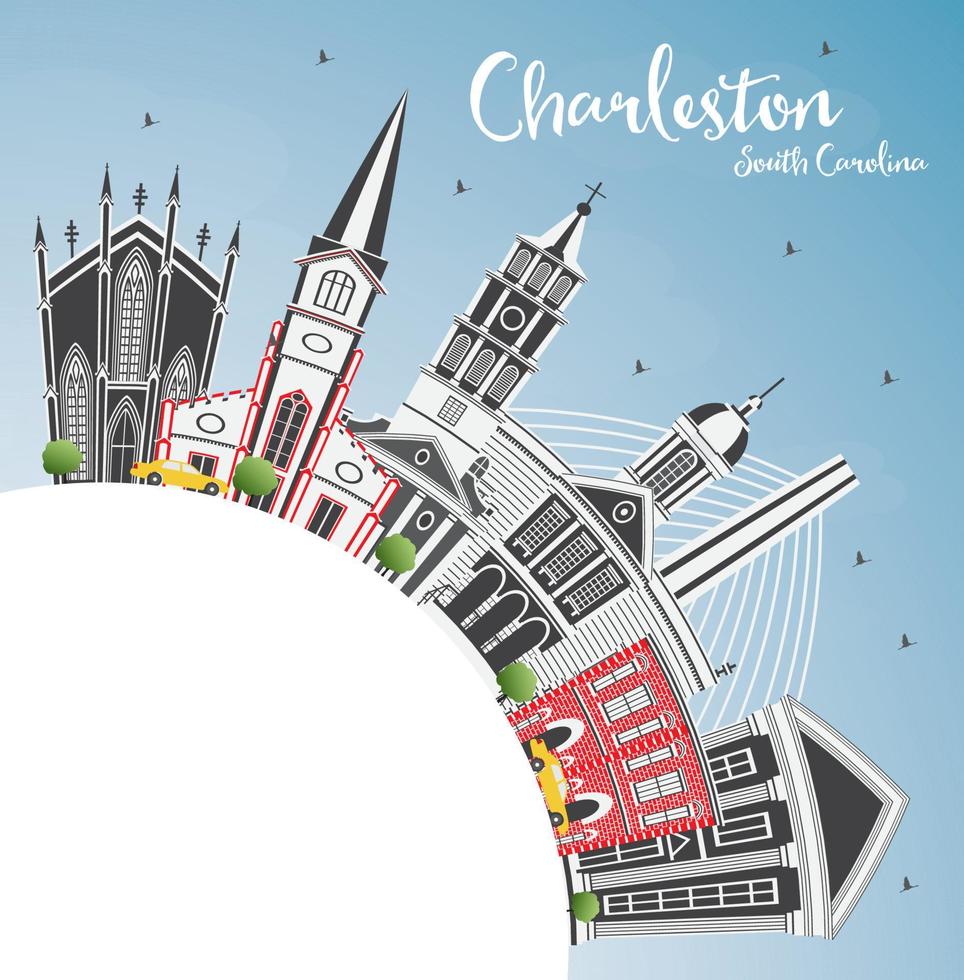 Charleston South Carolina City Skyline with Gray Buildings, Blue Sky and Copy Space. vector