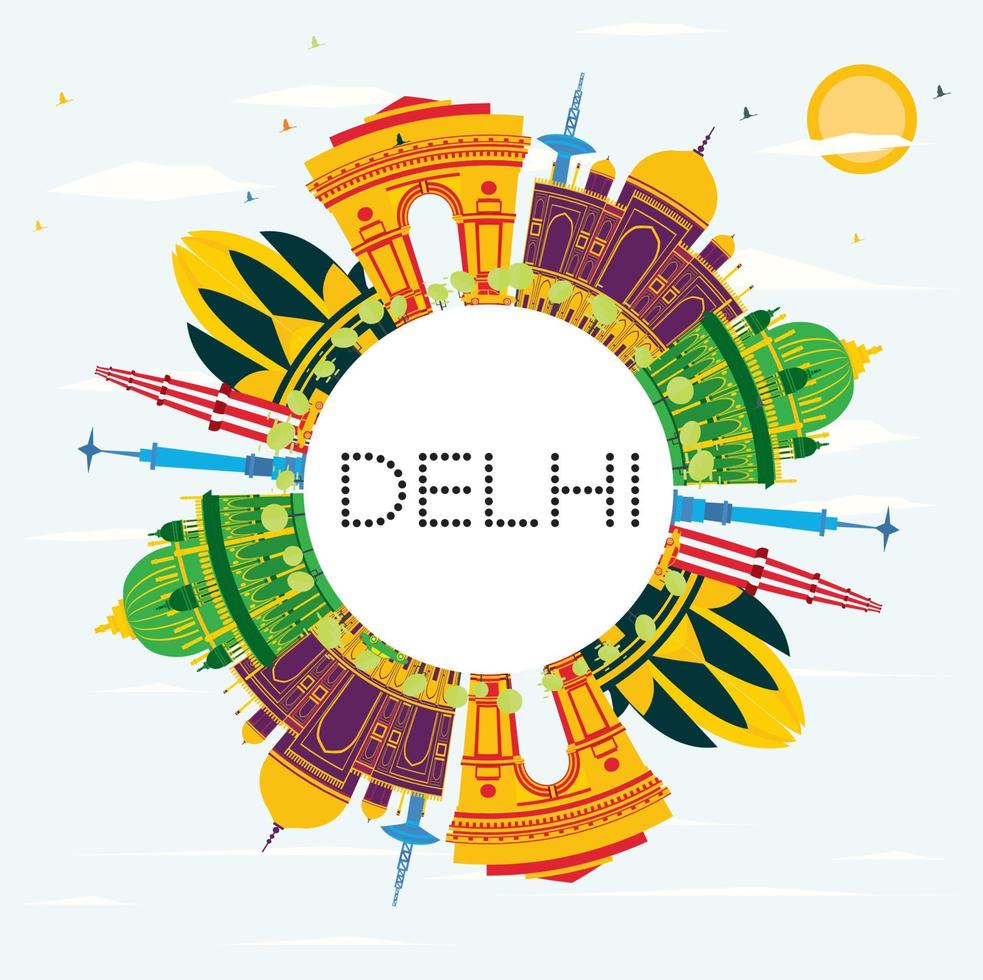 Delhi India Skyline with Color Buildings, Blue Sky and Copy Space. vector