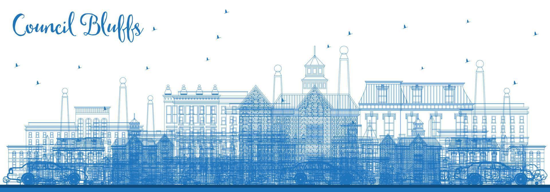 Outline Council Bluffs Iowa Skyline with Blue Buildings. vector