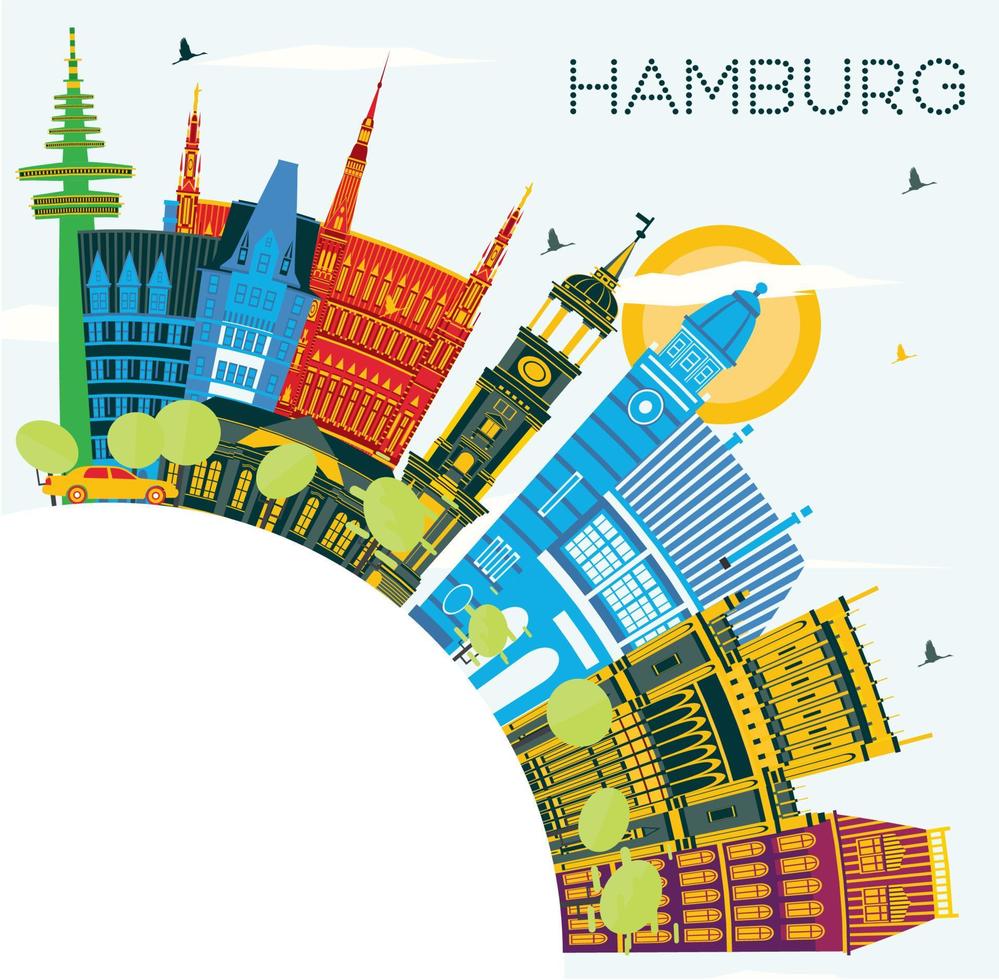 el horizonte de la ciudad de hamburgo, alemania, con edificios de color, cielo azul y espacio para copiar. vector