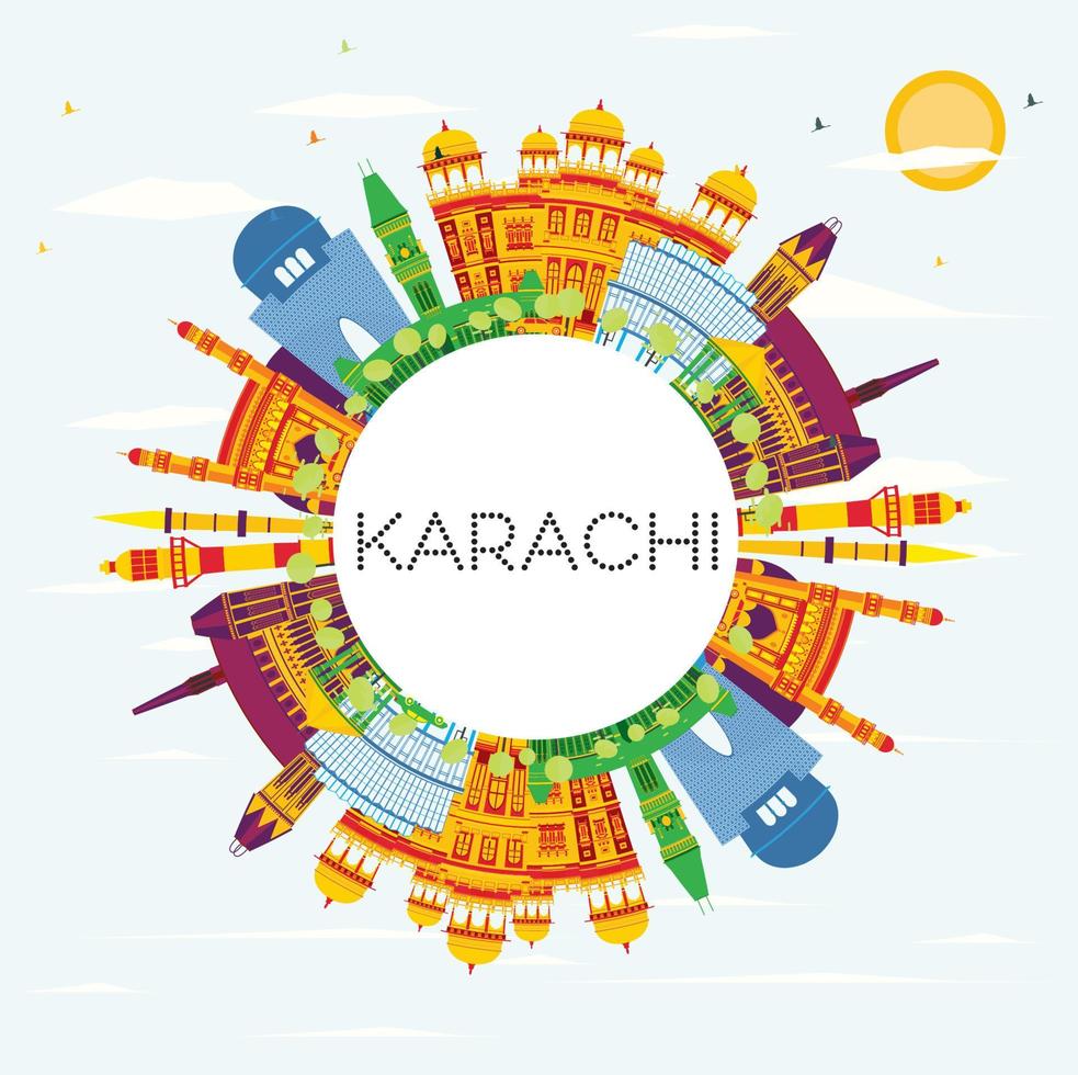 Karachi Skyline with Color Landmarks, Blue Sky and Copy Space. vector