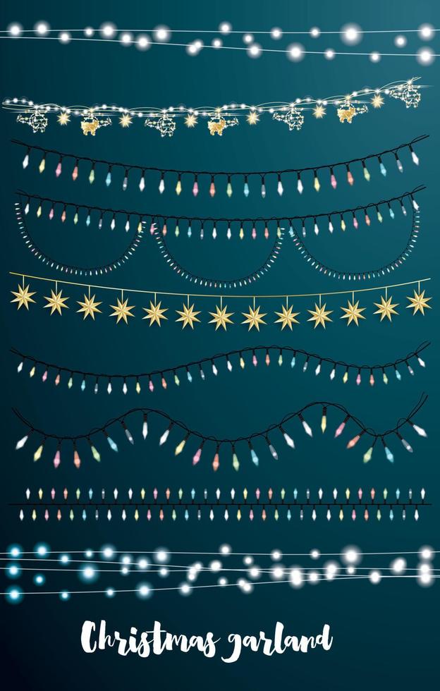 Christmas String Lights Set. New Year Neon Garland. vector