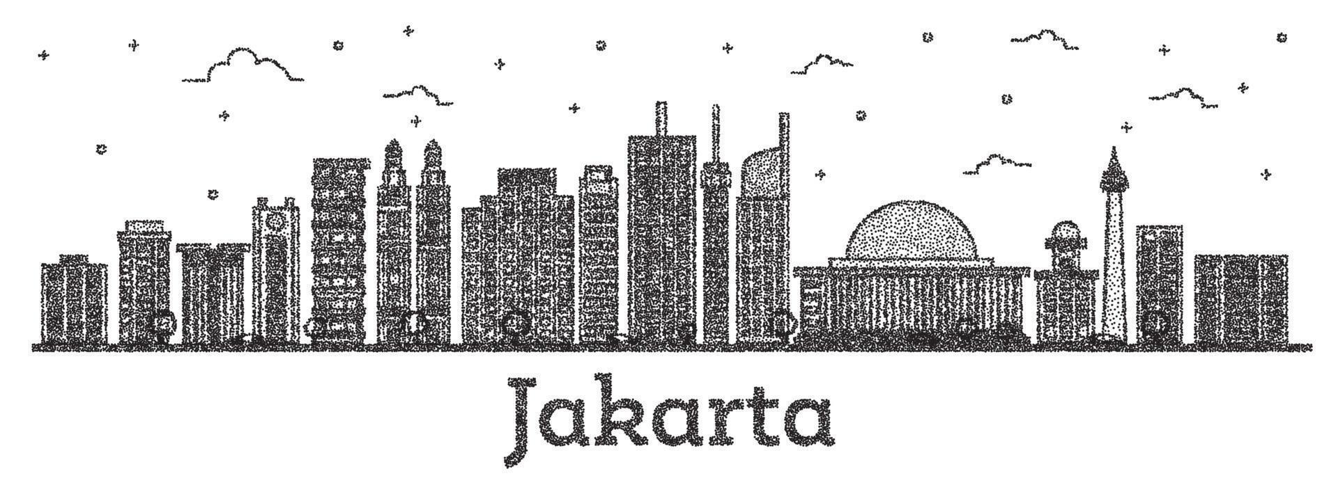 Engraved Jakarta Indonesia City Skyline with Modern Buildings Isolated on White. vector