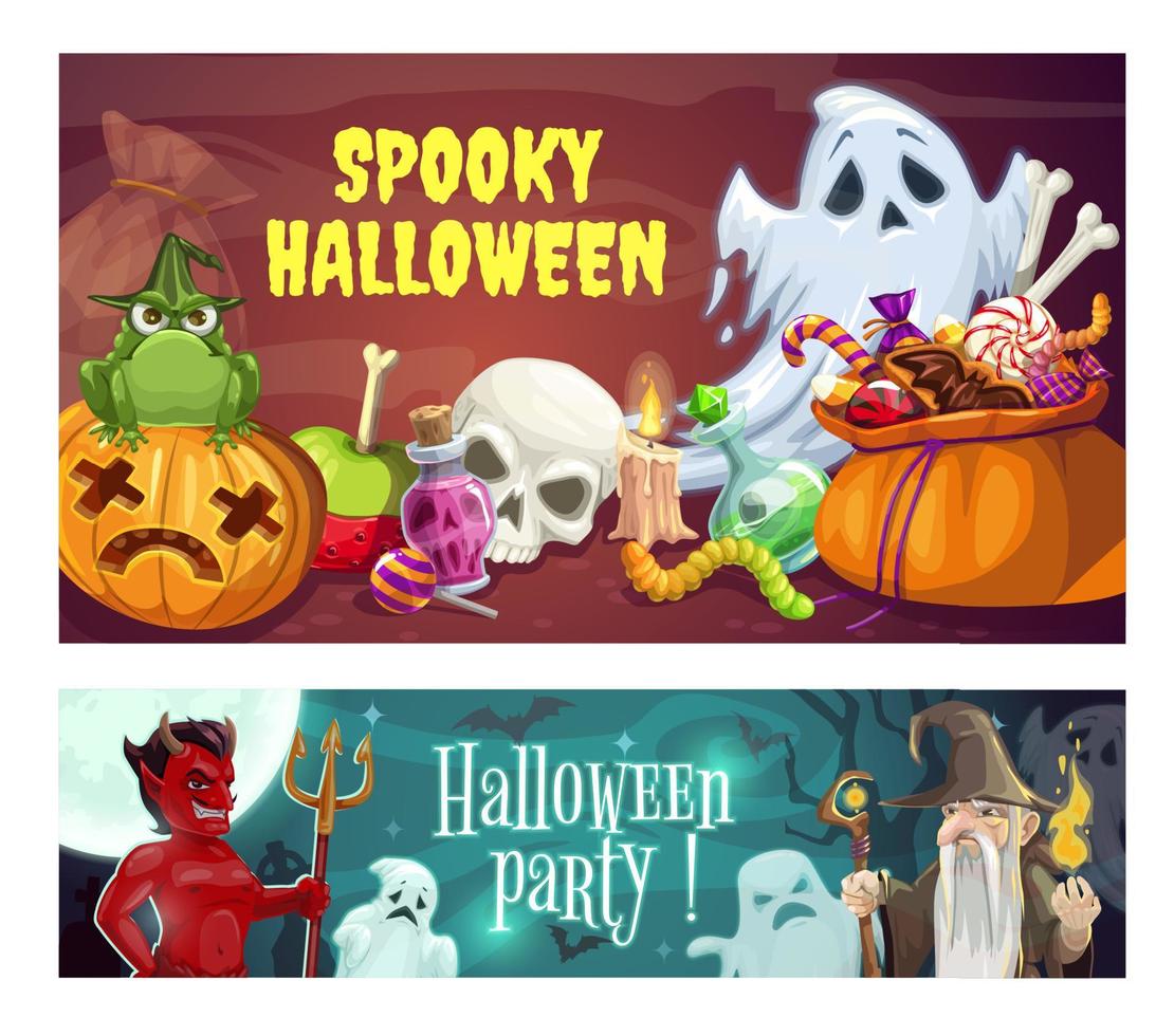 Halloween party, sweets and devil. Wizard, ghosts vector